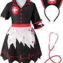 bakjuno Kids Girl's Halloween Scary Zombie Nurse Costume Skirt Bloody Horror Nurse Outfit With Accessories (7-8 Years, Black)
