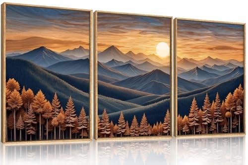 Amazon.com: HOURIA Large Woodland Mountain Sunset Framed Canvas Wall Art Set,Wilderness Wooden Forest Landscape Wall Decor,Nature Botanical Artwork,Boho Pine Tree Art Print for Living Room,Bedroom-24 x36 x3: Posters & Prints
