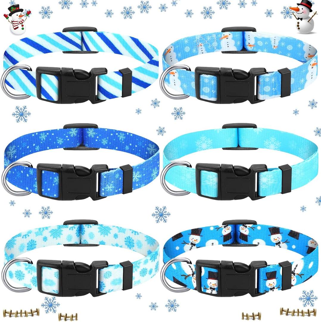 Silkfly 6 Pcs Snowflake Winter Dog Collars Adjustable Cute Removable Blue White Winter Dog Collars with Buckle for Pets Party Gifts(12-17.7 in)