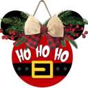 Deroro Christmas Front Door Sign, Xmas Ho Ho Ho Holiday Wood Door Hanger Outdoor Porch Decor, Winter Farmhouse Rustic Wooden Wreath with Plaid Bow Indoor Wall Hanging Decoration