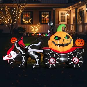 9 FT Long Halloween Inflatable Decoration Grim Reaper Driving Pumpkin Carriage