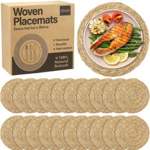 Elcoho 20 Pieces Round Woven Placemats 12 Inch Boho Rattan Placemats Farmhouse Braided Place Mats Woven Plate Chargers Rustic Wicker Table Mats for Dining Table