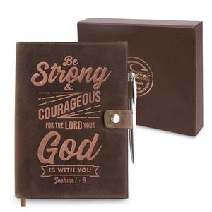 Moonster Refillable Leather Journal Joshua 1:9 Bible Verse Embossed Journals with Pen – Milled A5 Leather Journal Lined Paper - Line Notebooks for Men – Notebook with Pen Holder - 320 Pages
