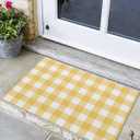 Front Door Mat Indoor Outdoor Entrance, Country Style Yellow and White Buffalo Check Plaid Checkered Non-Slip Doormat Low Profile Easy Clean Patio Porch Entryway Mat 24"x36"