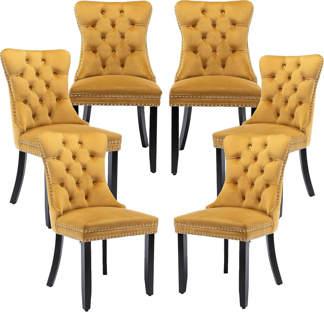 LKTART Dining Chairs Set of 6 Velvet Upholstered Tufted Back with Nailhead Trim and Back Ring Pull Solid Wood Legs for Kitchen Bedroom Dining Room Gold