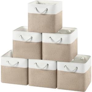 12x12 Storage Cube Bins, 6 Pack Reinforced Bottom Cardboard Foldable Box, Organizer for Closet Shelves, Heavy Home Storage Baskets (White Khaki)