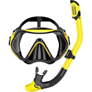 Snorkeling Gear for Adults, Snorkel Set Scuba Diving mask Dry-Top, Adult Swimming Goggles with Nose Cover, HD Tempered Glass Panoramic Anti-Leak Anti-Fog (Yellow)