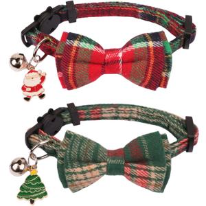 PTDECOR Christmas Cat Collars, Red Green Plaid Bowtie Xmas with Removable Bowtie Bell, Breakaway Plaid Bow Christmas Collars for Cats Kittens