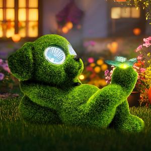 Solar Topiary Dog Garden Statue with Butterfly Garden Decor Clearance for Yard Decorations Outdoor Lawn Ornaments Porch Patio Balcony - Birthday Gifts for Grandma Mom Women