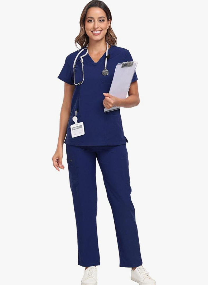 Scrubs for Women Sets, Stretch V-Neck Scrub Top & Cargo Pants with Multi Pockets, Anti-Wrinkle M Navy Blue
