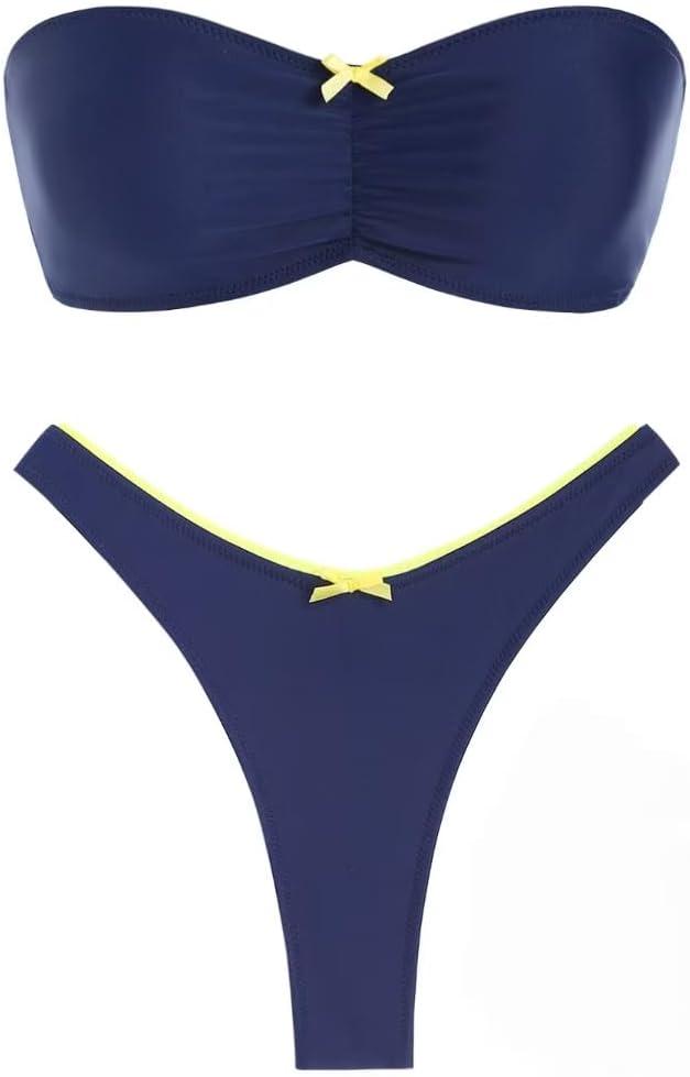 seamoly Sexy Blue Gingham Bow Decor Ruched Backless Lace Up Bandeau Bikini Set Strapless Swimsuits for Women (Blue, L)