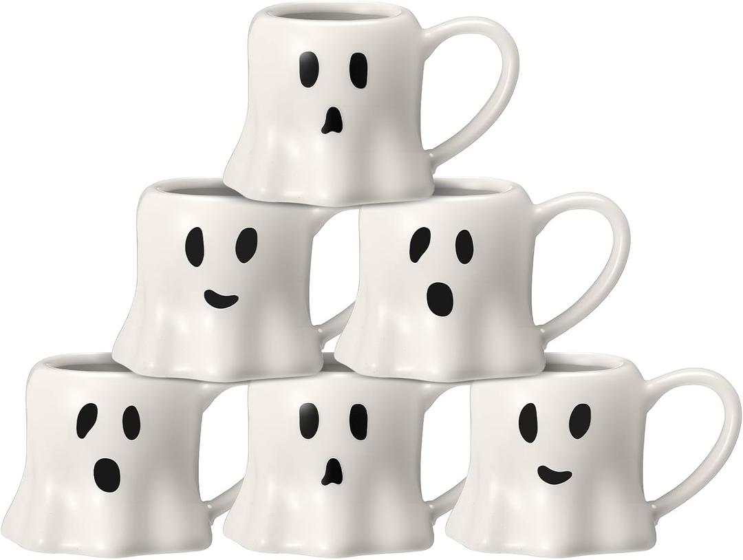 6 Pcs Halloween Ghost Mug 11 oz Ceramic Mug Set of 6 White Ghost Coffee Cup Halloween Themed Design Cup Set for Coffee Tea Hot Chocolate Gifts Presents 4.7 x 3.5 x 3 Suitable for Microwave Use