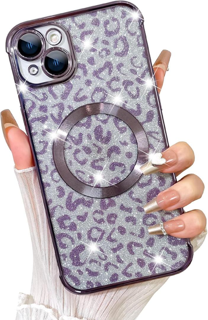 Fiyart Designed for iPhone 14 Case,Compatible with MagSafe Cheetah Print Plating Camera Protection Magnetic Clear Glitter Leopard Print Shockproof Phone Bumper for Women Girls 6.1"-Purple