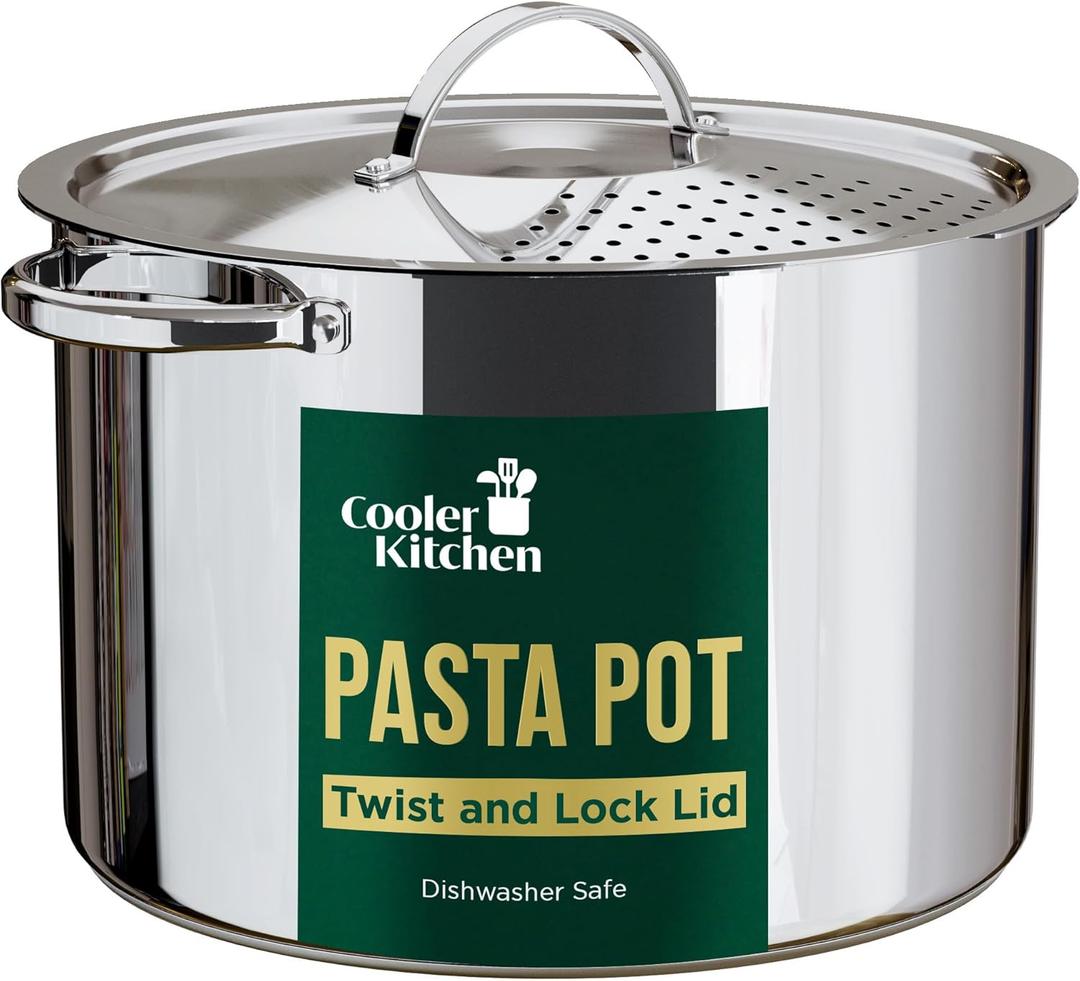 Stainless Steel Pasta Pot with Strainer Lid - 5.5 Quart Large Spaghetti Pot - Twist & Lock for Easy Drain & No Colander Or Strainer Basket Insert Needed - Dishwasher Safe Pots