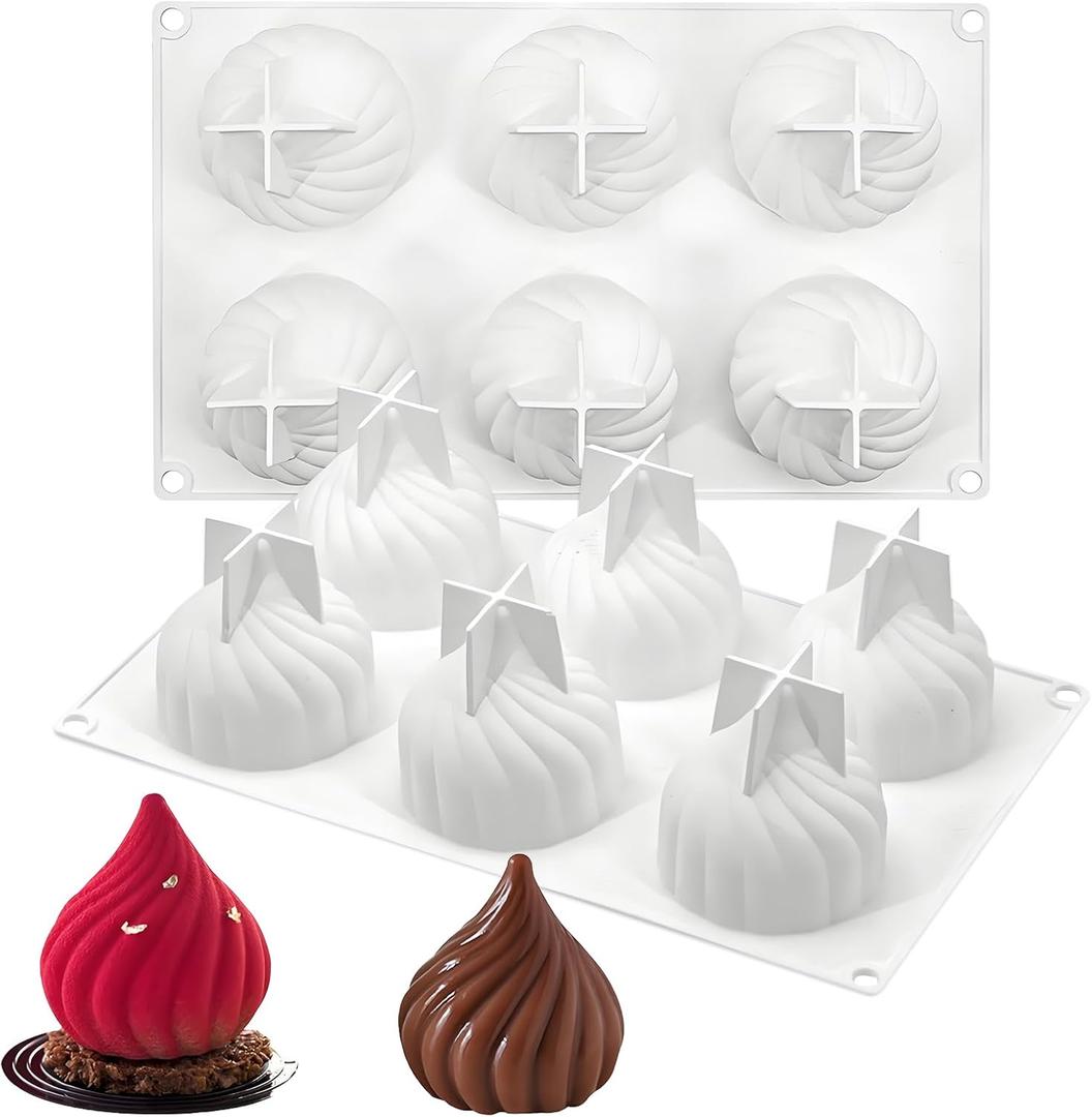 Cone Onion Bun Chocolate Molds, 6-Cavity Cyclone Silicone Mold for Mousse Cake Jelly Candy Soap Candle,10.6 x 6.7 x 2.76 Inches