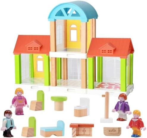 42-Piece Small Wooden Dollhouse Set, 4-Room Family Toy House with 4 Movable Dolls, DIY Doll House Furniture Accessories, Birthday for Kids Ages 3-8 (12.24" L x 4.06" W x 9.44" H), Pack of 2