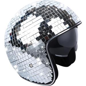 Disco Ball Helmet with Retractable Visor Silver Glitter Mirror Glass Disco Ball Hat Helmet for Women Men DJ Club Stage Bar Party Wedding, Large