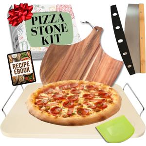 Pizza Stone for Oven and Grill Set - 5PCS Pizza Making Accessories Kit - 15 inch Pizza Stone with Handles, Pizza Peel, Pizza Cutter, Dough Tool - Baking Stone for Bread - Large Rectangular Oven Stones