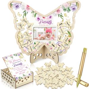 Wenqik 63 Pcs Butterfly Baby Shower Guest Book Alternatives Set Baby Shower Decorations with Photo Frame Sonogram Frame Keepsake 60 Wood Slices Guest Book for Birthday