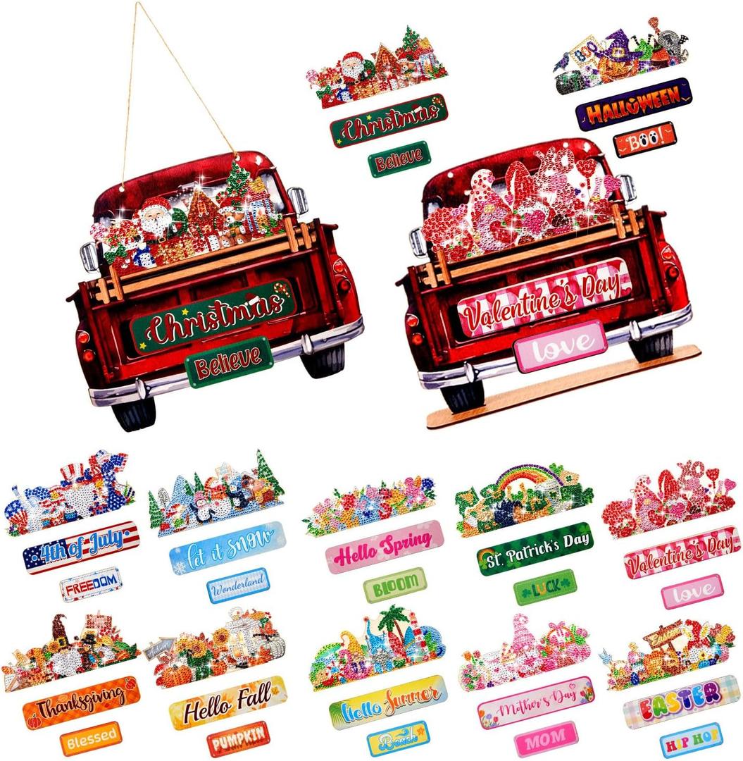 Menkxi 36 Pcs 2-in-1 Diamond Art Kits for Adults, Interchangeable Welcome Sign for Front Door, Seasonal Wood Truck DIY Hello Summer Fall Painting Decor for Farmhouse All Season, 12 Festivals(Red)