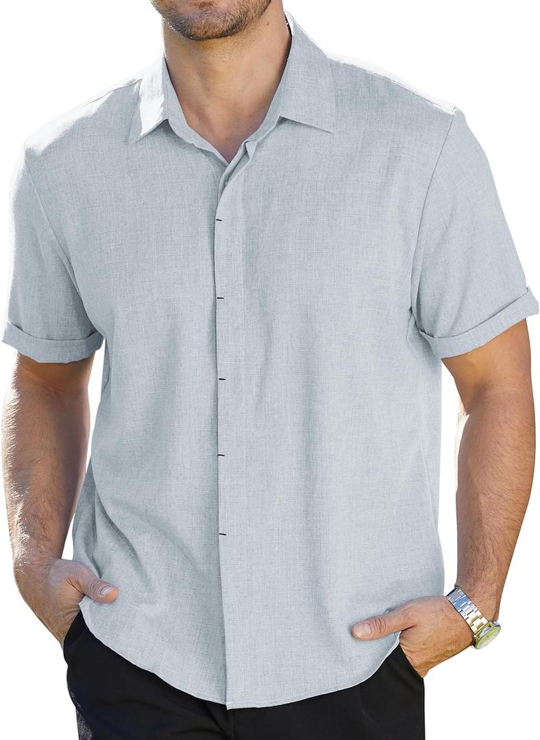 Mens Linen Shirts Short Sleeve Casual Shirt Button Down Summer Beach Vacation Tops Men Casual Dress Shirts Breathable (XX-Large, 00140_light Blue)