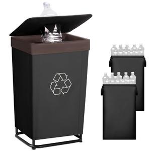 StorageWorks Recycling Bin with Lid, 29Gal Large Recycling Bin for Kitchen, Indoor Recycling Bins with 2 Reusable Washable Bags for Bottles and Cans, Steel Frame Fabric Sorter, 110L, Black