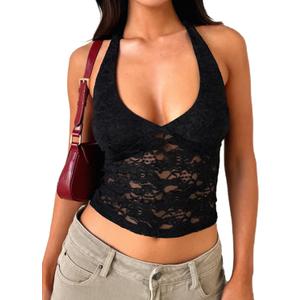 MakeMeChic Women's Halter Top Open Back Lace Sexy Cute Summer Crop Tank Top (Black) Small