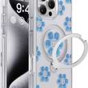 CASEKOO Floral Series Blue Flowers for iPhone 16 Pro Max Case with Magnetic Ring Stand [Compatible with MagSafe] [Military-Grade Protection] Fashion Clear Back, Soft Edge, for Women