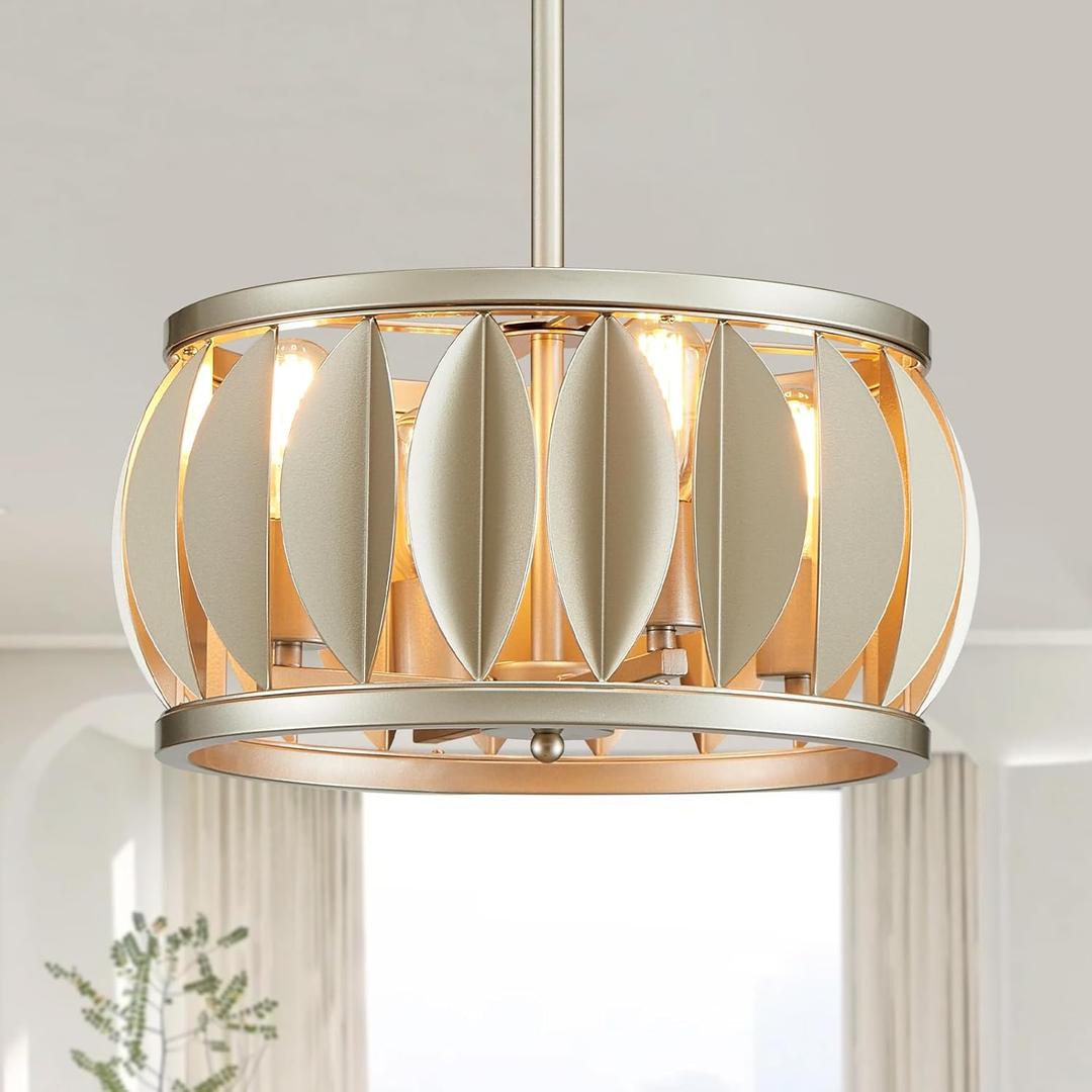 Dining Room Chandelier Over Table, 4-Light Modern Drum Light Fixture, Unique Rustic Nickel Pendant Lighting for Living Room Bedroom Kitchen Island 15.7"