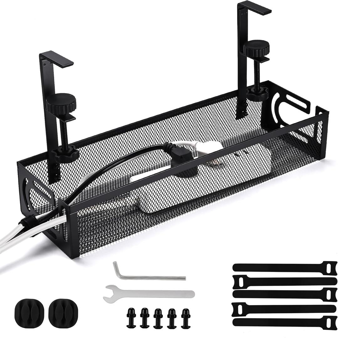 Under Desk Cable Management Tray Small Clamp-Mounted Wire Organizer & Cord Management Under Desk Rack, No-Drill Metal Cable Organizer for Home Office (Black)