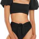 Fisoew Women's High Waist Bikini Sets Tie Knot Tummy Control Swimwear 2 Piece Swimsuits (Medium, Black)