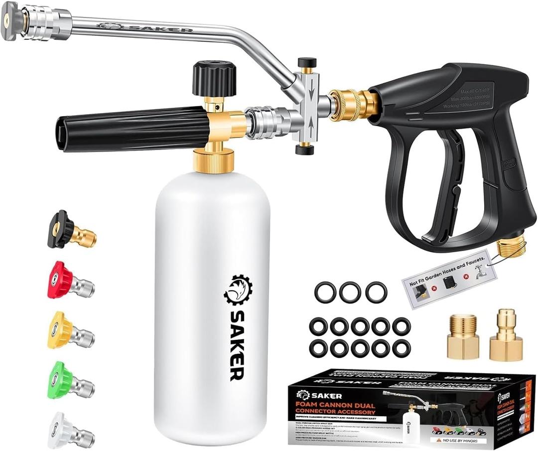 Saker Foam Cannon Dual Connector Accessory for Pressure Washer Kit,with Foam Cannon Dual Connector,Pressure Washer Gun for Car Washing and Cleaning,5 Power Washer Sprayer Nozzles (Four-Piece Set)
