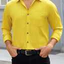 HISDERN Mens Casual Long Sleeve Shirts Button Up Down Yellow Shirts Wrinkle Free Striped Collared Gold Solid Textured Shirt Dating Vacation Clothing (Yellow, XL)