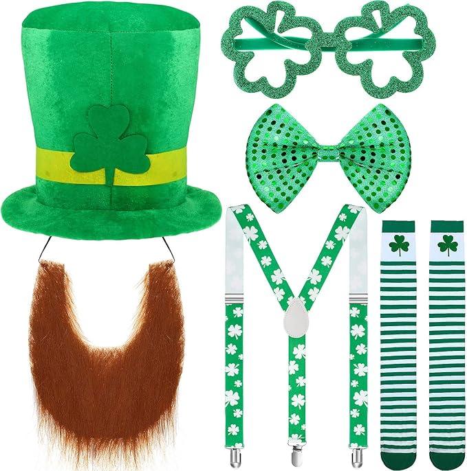St. Patrick's Day Leprechaun Costume Suit Leprechaun Hat and Beard Green Shamrock Bow, Suspenders, Shamrock Glasses and Socks Accessories For Masquerade Parties men