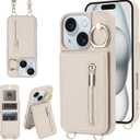 Crossbody Wallet Case for iPhone 13/14 with Lanyard Strap Card Slot Holder RFID Blocking Ring Kickstand,Magnetic Flip Folio Zipper Purse Case, PU Leather Cover Handbag,Beige