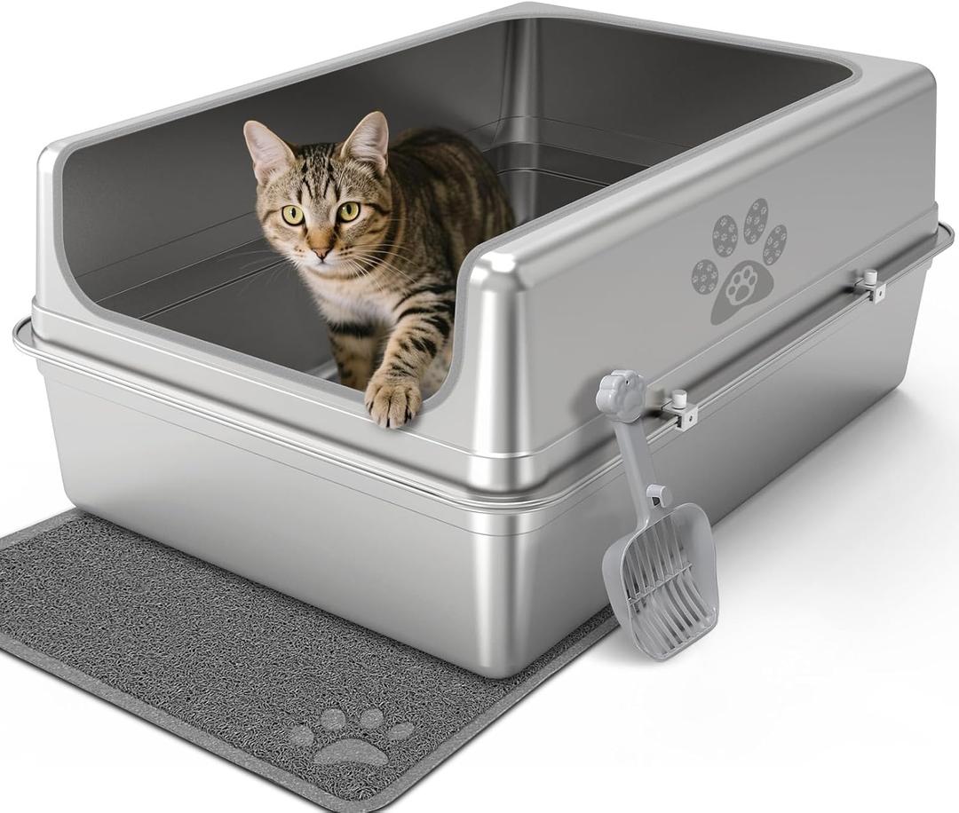 Enclosed Stainless Steel Cat Litter Box with Lid, Oversize Metal Litter Box for Multi Cats, Extra XXL Cat Toilet with High Side, Non-Stick, Anti-Leakage, Odorless, with Cat Litter Mat & Litter Scoop (XXL-27.5"x19.7"x11.8")