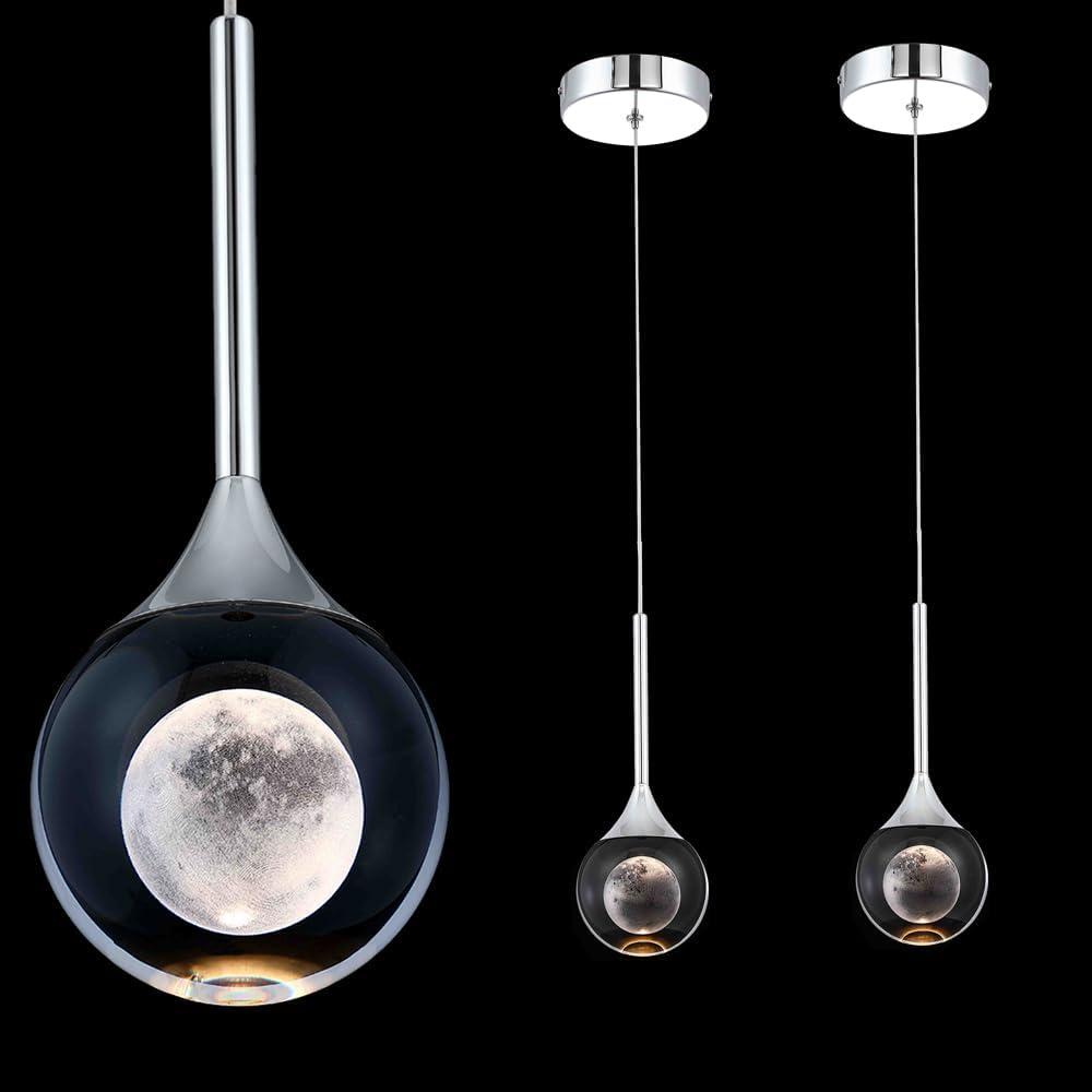 Sedelan 2 Pack Modern Crystal Moon Pendant Lights, Dimmable 3000K LED Hanging Light Fixture, Kitchen Island Lighting for Dining Room Bar Bedroom, Chrome Finish