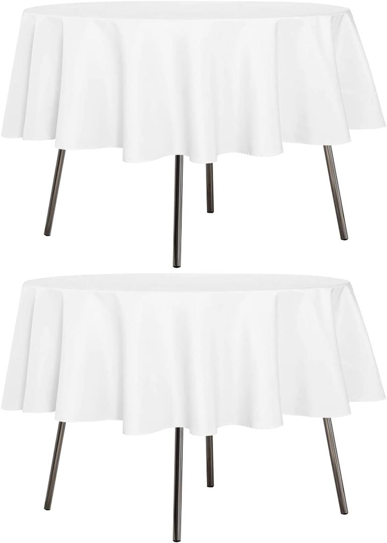 sancua 2 Pack Round Tablecloth 60 Inch White (Fits 20-48 Inch Tables), Stain and Wrinkle Resistant Table Cloth - Washable Polyester Table Cover for Dining Tables, Buffet Parties and Camping