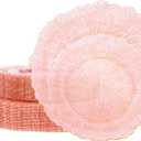 U-QE 60PCS Pink Plates for Party - Pink Plastic Plates Disposable&Reusable - Clear Pink Heavy Duty Plastic Plates for Party Including 30 Plastic Dinner Plates 10.25" & 30 Plastic Dessert Plates 7"
