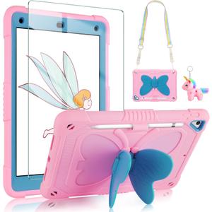 VOFUOE for iPad 6th/5th Generation Case with Screen Protector for iPad 9.7 Case 2018 2017 Butterfly Stand Strap Dolls Pencil Holder Kids Girls Hard Cover for iPad Pro for iPad Air 2th 9.7''-Pink Blue