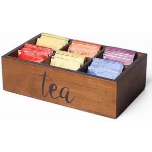 LBEMEY Tea Bag Organizer,Acacia Wood Tea Storage Containers with 6 Compartments, Sugar Packet Holder,Tea Bag Caddy Box for Cabinet Countertop Office (Brown-Labeled "Tea")