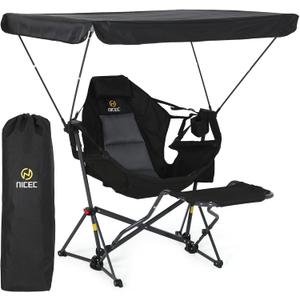 Nice C Hammock Chair with Canopy & Footrest, Portable Swinging Campping Chair with Shade, Folding Portable Umbrella Chairs, Rocking Camping Chairs, with Adjustable Canopy, Detachable Footrest