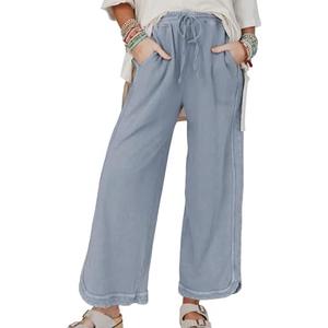 Hixiaohe Women's Casual Wide Leg Sweatpants High Waist Baggy Acid Wash Pants Drawstring Athletic Palazzo Pants with Pockets, Size S, Blue