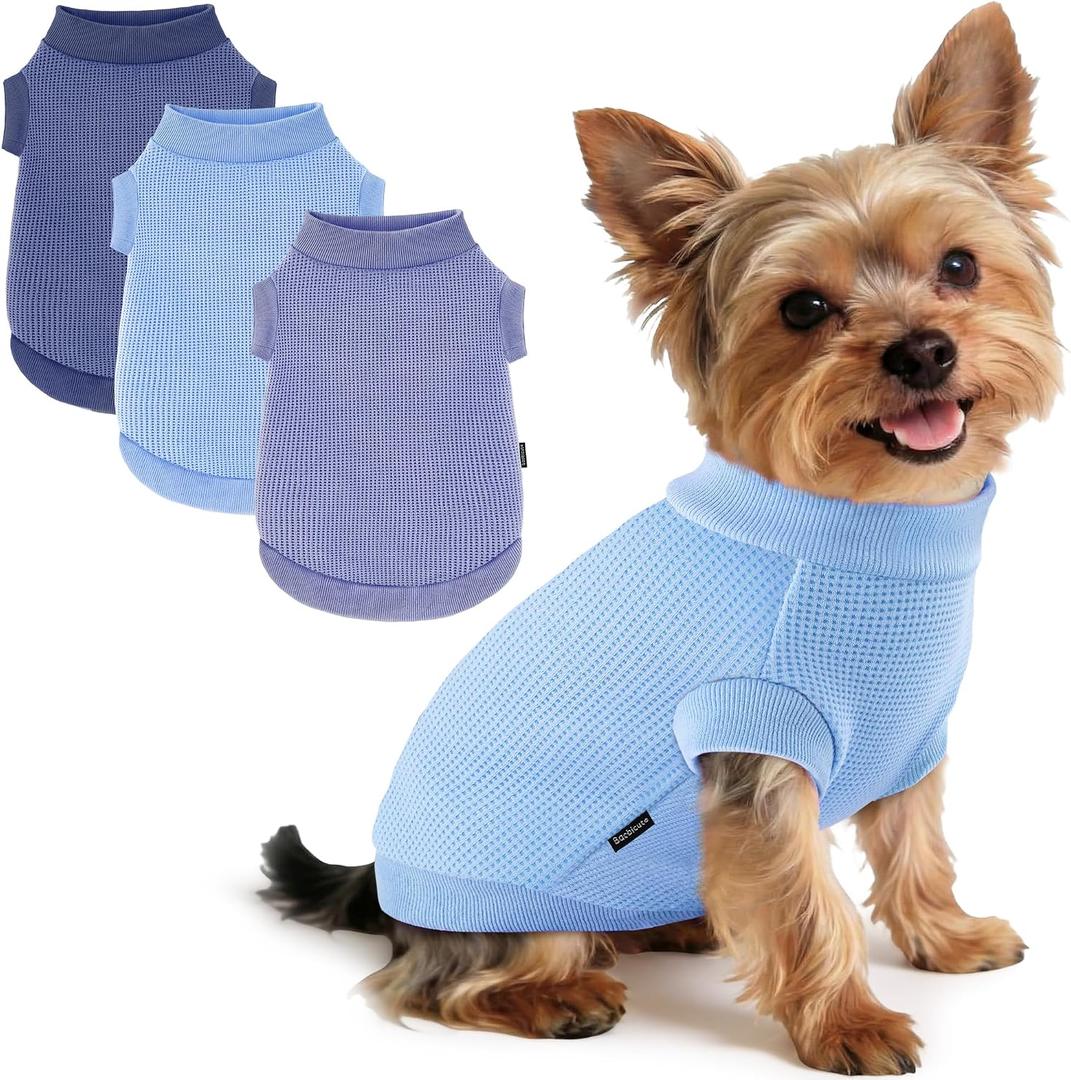 3 Pack Dog Shirt for Small Supplies Functional Waffle Dog Clothes Warm Soft Sweatshirt Outfit for Dogs Cats Pet Apparel, navy+blue grey +blue, S (Back: 11.8",Chest: 15.7", 5.5-10Ibs)