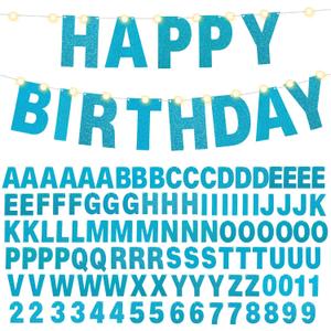 TaoBary 112 Pcs DIY Letter Kit Glitter Customizable Banner Letters Include 107 Letters and Numbers 3 Rope and 2 Needles for Birthday Halloween Christmas Wedding Valentine Party Decor(Baby Blue)