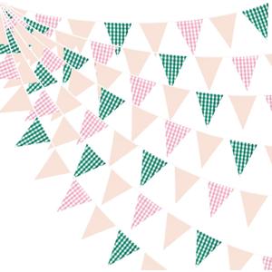 32Ft Pink Green Gingham Camp Bride Banner Green Pink Plaid Checkered Fabric Triangle Flag Pennant Garland Streamers for Camping Bachelorette Glamping Baby Shower Wedding Birthday Party Decorations