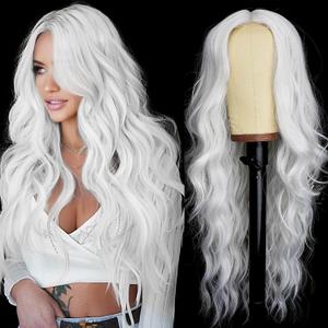 AISI HAIR White Wig for Women, Long Wavy Lace Hairline Middle Part Synthetic Wig for Daily Party-26 Inch
