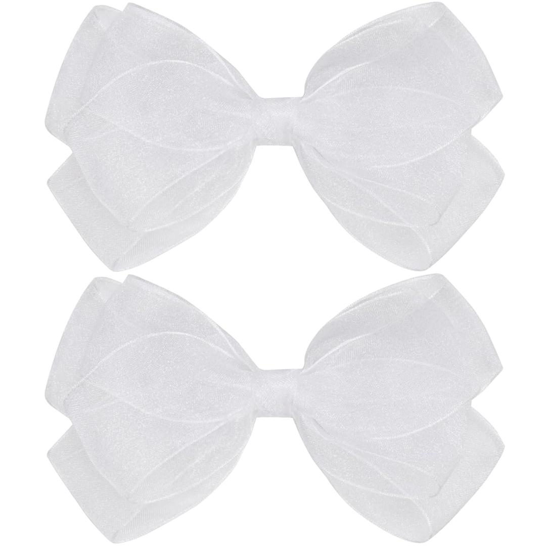 Large Big 6 Inch Organza Double Hair Bow Clip Party Alligator Mesh Hair Accessories for Women Teens Girls Kids 2 Pcs (White)