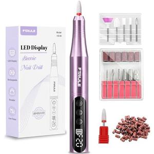 Electric Cordless Nail Drill File: LED Display Professional Portable Nail Drill for Acrylic Gel Dip Powder Nails Manicure Pedicure Kit Tool with Nail Drill Bits Sanding Bands, Purple