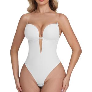 SHAPSHE Backless Shapewear Strapless Deep V Bodysuit for Women Tummy Control Built In Bra Low Back Body Shaper (Small, White)